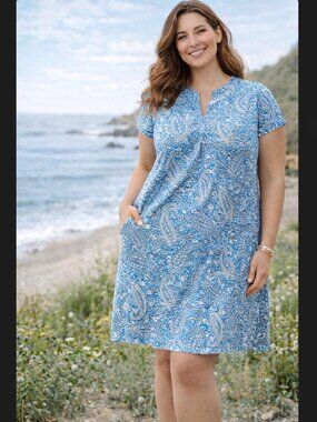 J. Jill Paisley A-Line Dress 2X Blue Agate Knit Stretch Pockets Pullover Cottage